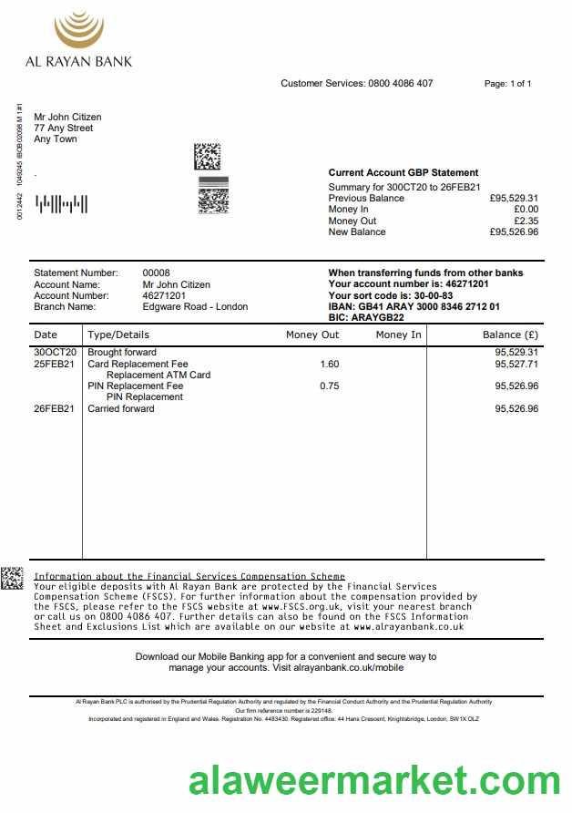 United Kingdom Al Rayan bank statement template in Word and PDF format